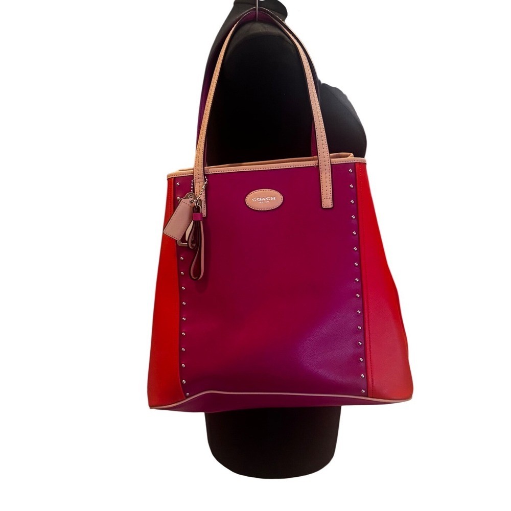 Coach Metro F31325 Magenta Orange Saffiano Leather Colorblock Studs Tote 12x13x6